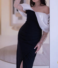 Charger l'image dans la galerie, Hors de l'épaule Midi Tissu Crêpe Colonne Réguliers Noire Robe de Soirée