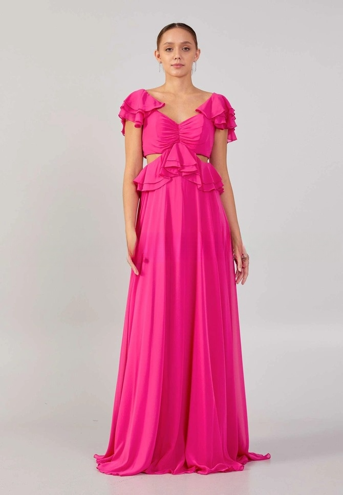 Robe de Soirée- Manche courte Maxi Chiffon Colonne Réguliers Fuchsia