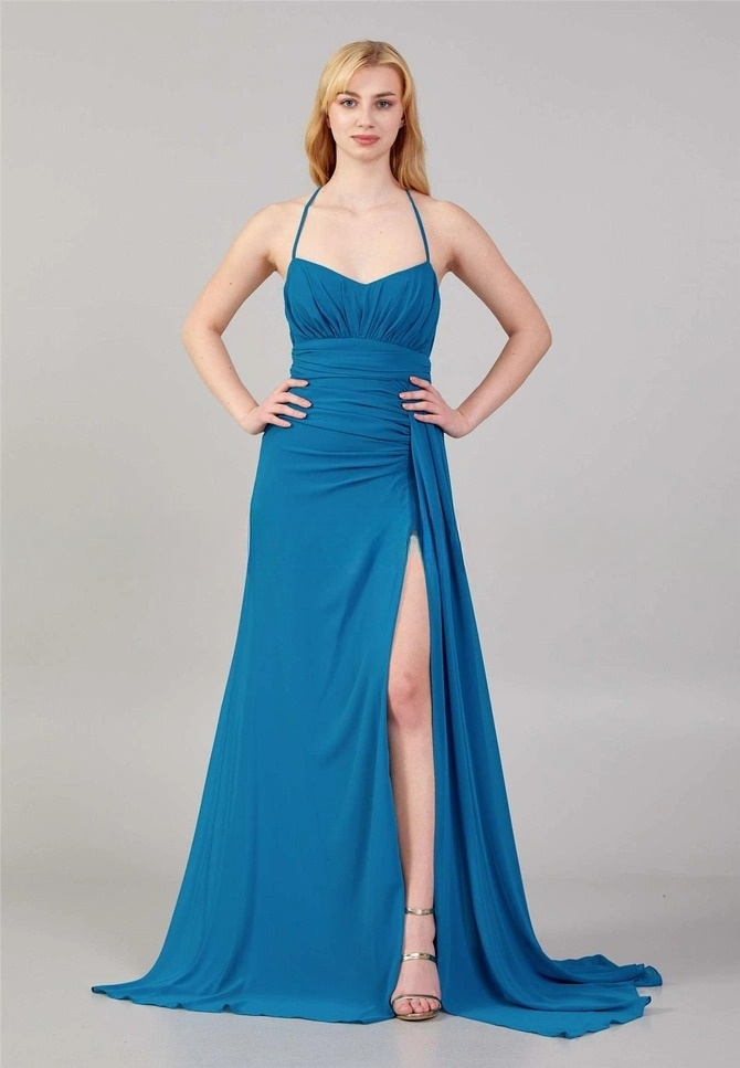 Robe de Soirée - Sans manches Maxi Chiffon Sirène Réguliers Bleue