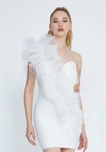 Charger l&#39;image dans la galerie, Robe de Soirée- RENGIN Une Epaule Mini Tulle Colonne Réguliers Ecru
